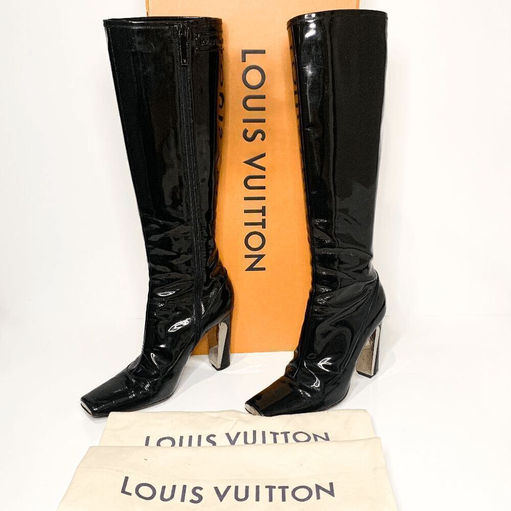 Louis Vuitton Black Patent Leather Knee High Heeled Boots EU 36.5 Square Toe